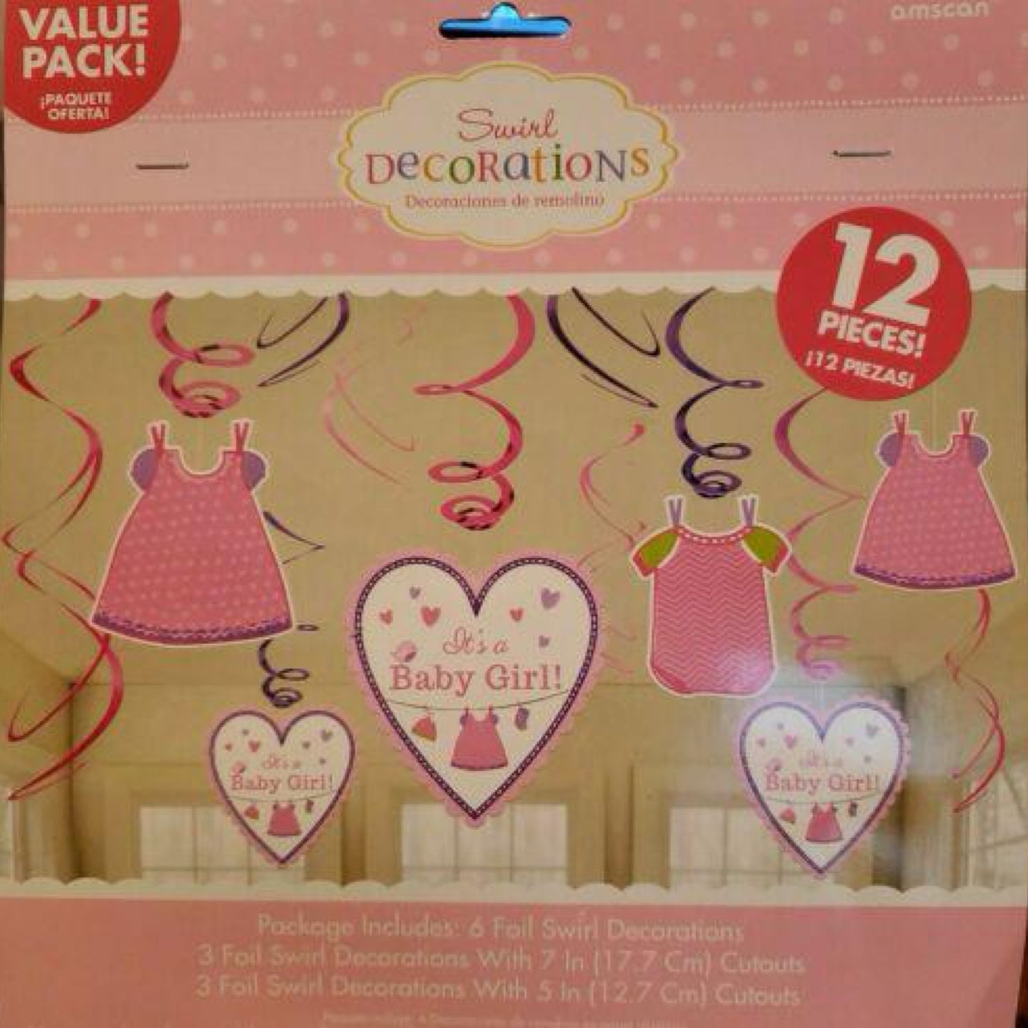 Shower with Love Baby Girl Foil Swirl Decorations (12 Pieces)