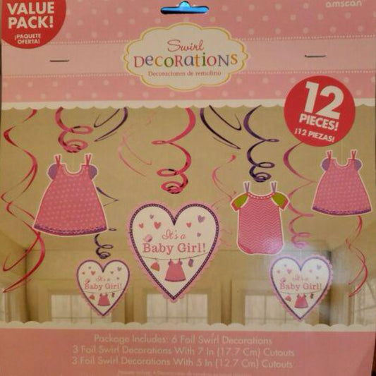 Shower with Love Baby Girl Foil Swirl Decorations (12 Pieces)